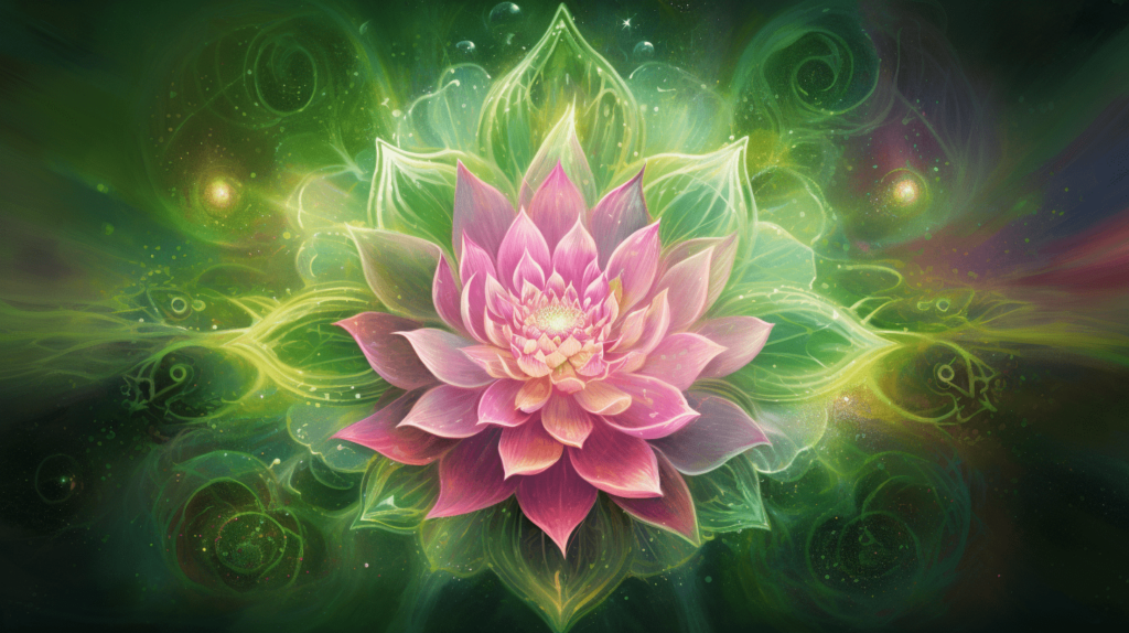 pink and green lotus. heart chakra crystals