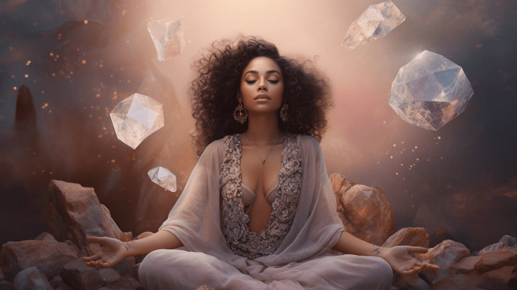 woman surrounded by crystals. What Crystals Help with Stress